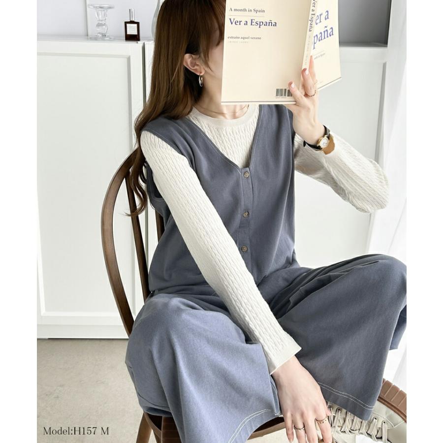 《javaジャバコラボ》 オールインワン レディース 空紡糸 綿100％ カットソー 配色 ステッチ Vネック ゆったり ワイドシルエット 体型カバー | classicalelf | 13