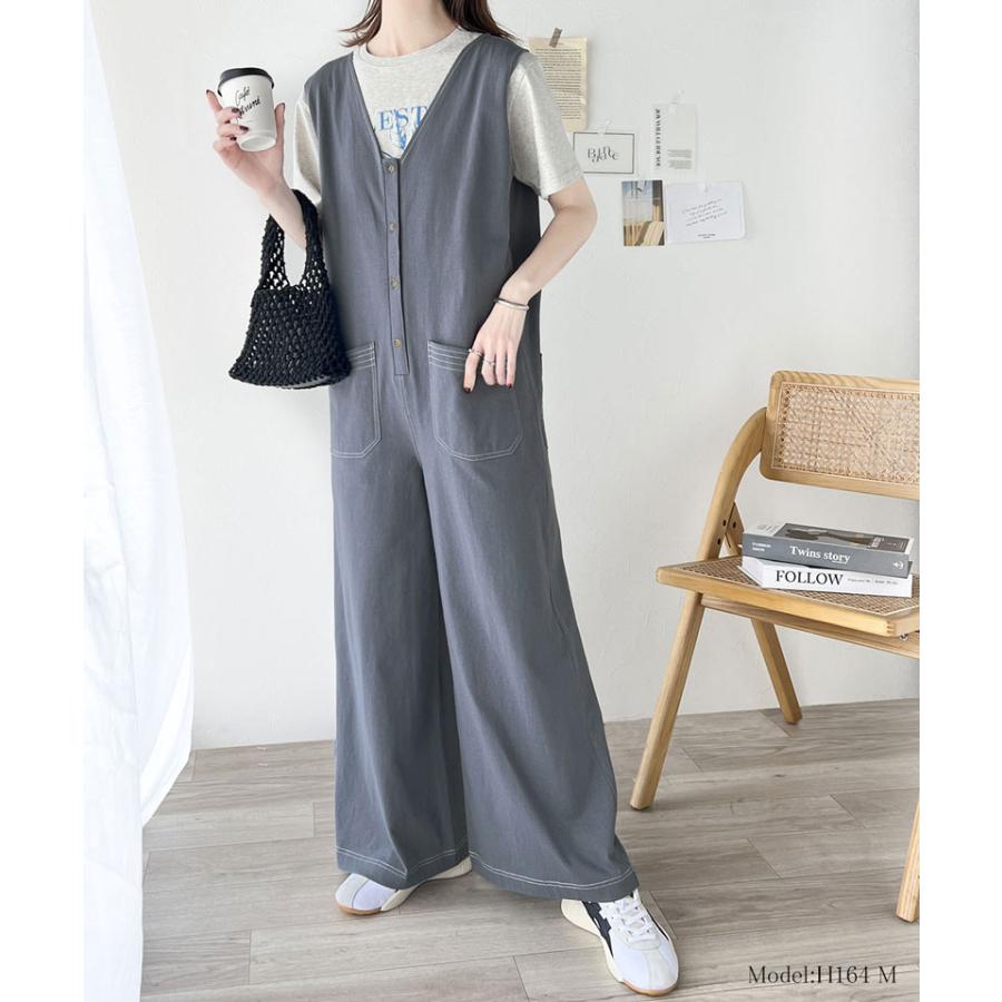 《javaジャバコラボ》 オールインワン レディース 空紡糸 綿100％ カットソー 配色 ステッチ Vネック ゆったり ワイドシルエット 体型カバー | classicalelf | 14