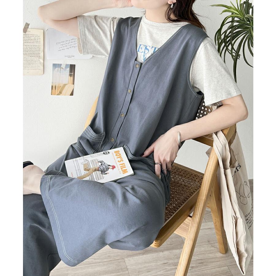 《javaジャバコラボ》 オールインワン レディース 空紡糸 綿100％ カットソー 配色 ステッチ Vネック ゆったり ワイドシルエット 体型カバー | classicalelf | 15