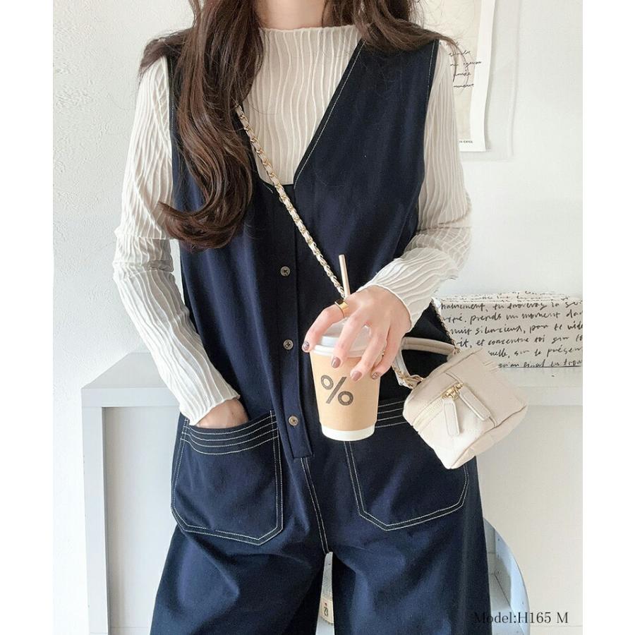 《javaジャバコラボ》 オールインワン レディース 空紡糸 綿100％ カットソー 配色 ステッチ Vネック ゆったり ワイドシルエット 体型カバー | classicalelf | 02