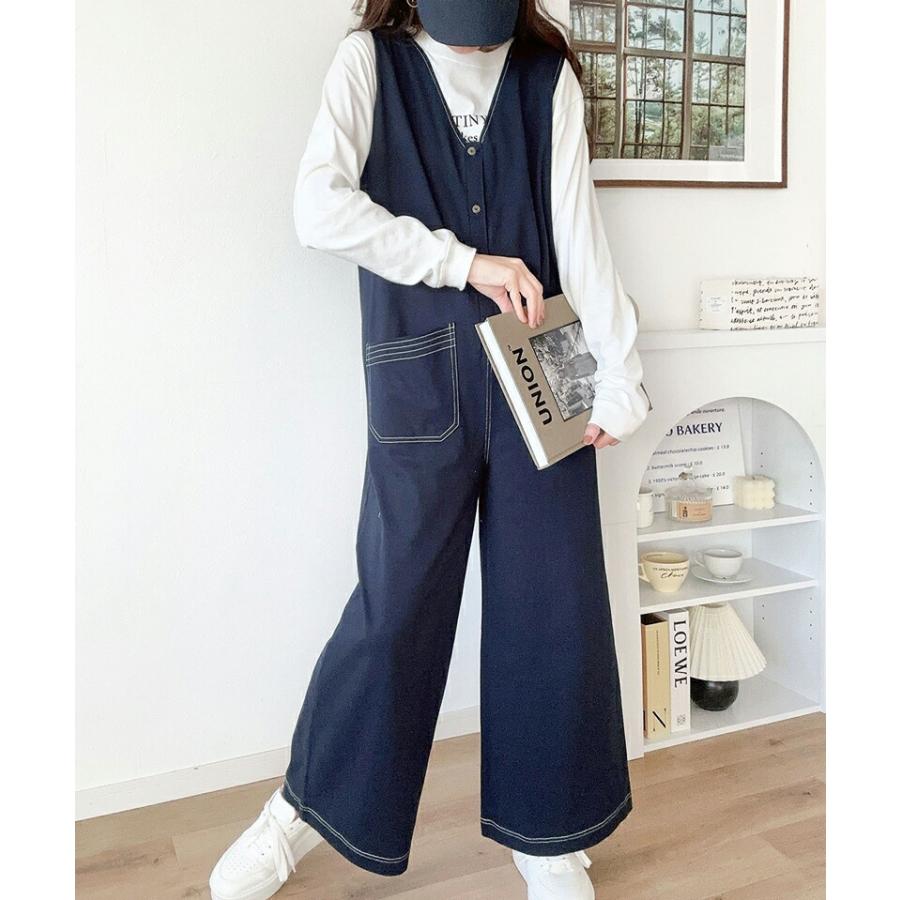 《javaジャバコラボ》 オールインワン レディース 空紡糸 綿100％ カットソー 配色 ステッチ Vネック ゆったり ワイドシルエット 体型カバー | classicalelf | 03