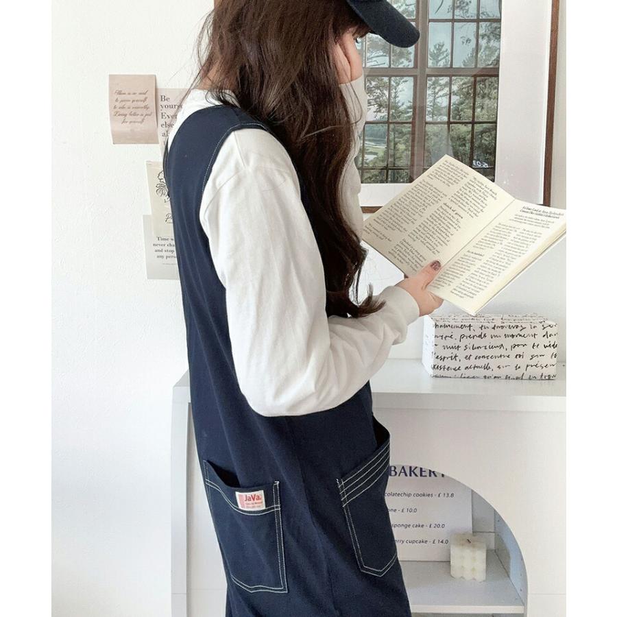 《javaジャバコラボ》 オールインワン レディース 空紡糸 綿100％ カットソー 配色 ステッチ Vネック ゆったり ワイドシルエット 体型カバー | classicalelf | 04