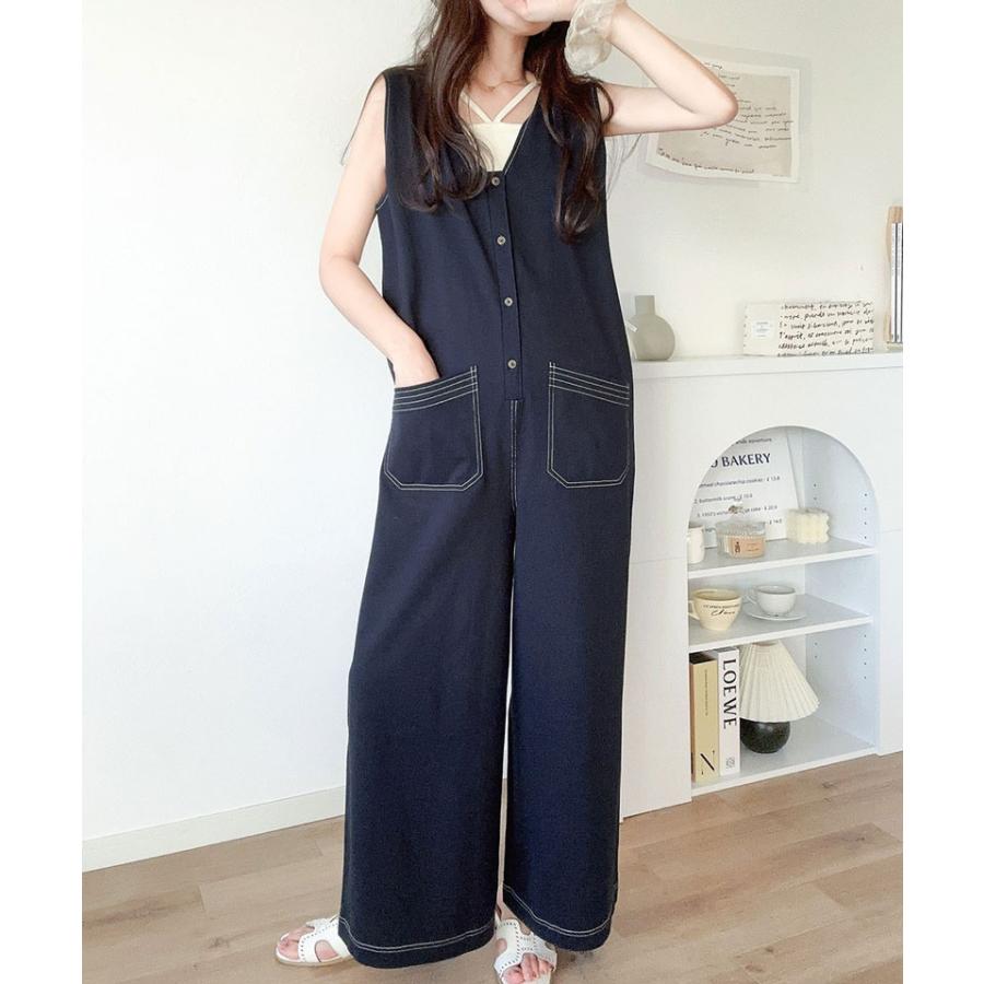 《javaジャバコラボ》 オールインワン レディース 空紡糸 綿100％ カットソー 配色 ステッチ Vネック ゆったり ワイドシルエット 体型カバー | classicalelf | 05