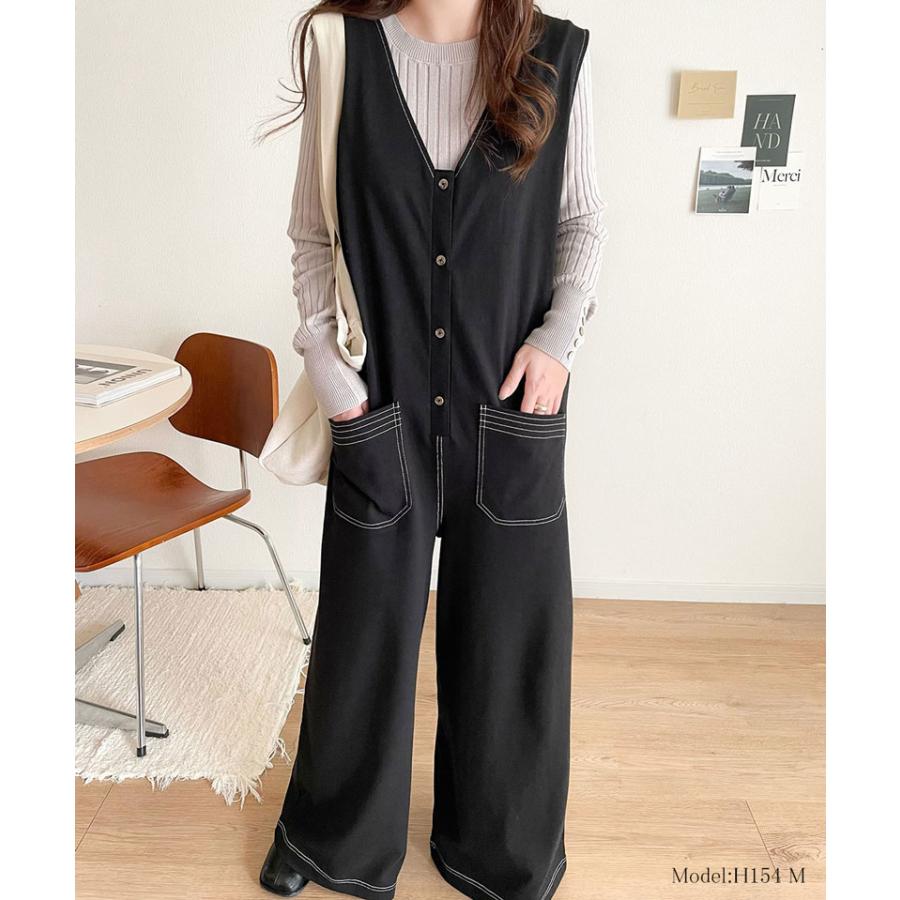 《javaジャバコラボ》 オールインワン レディース 空紡糸 綿100％ カットソー 配色 ステッチ Vネック ゆったり ワイドシルエット 体型カバー | classicalelf | 06