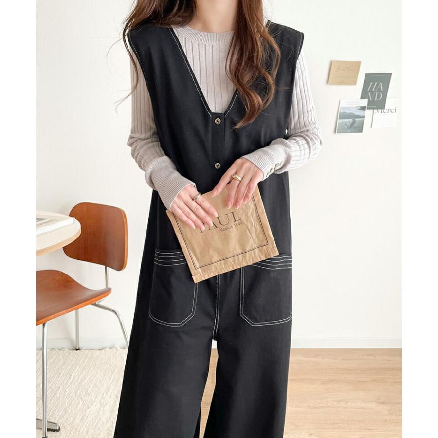 《javaジャバコラボ》 オールインワン レディース 空紡糸 綿100％ カットソー 配色 ステッチ Vネック ゆったり ワイドシルエット 体型カバー | classicalelf | 07