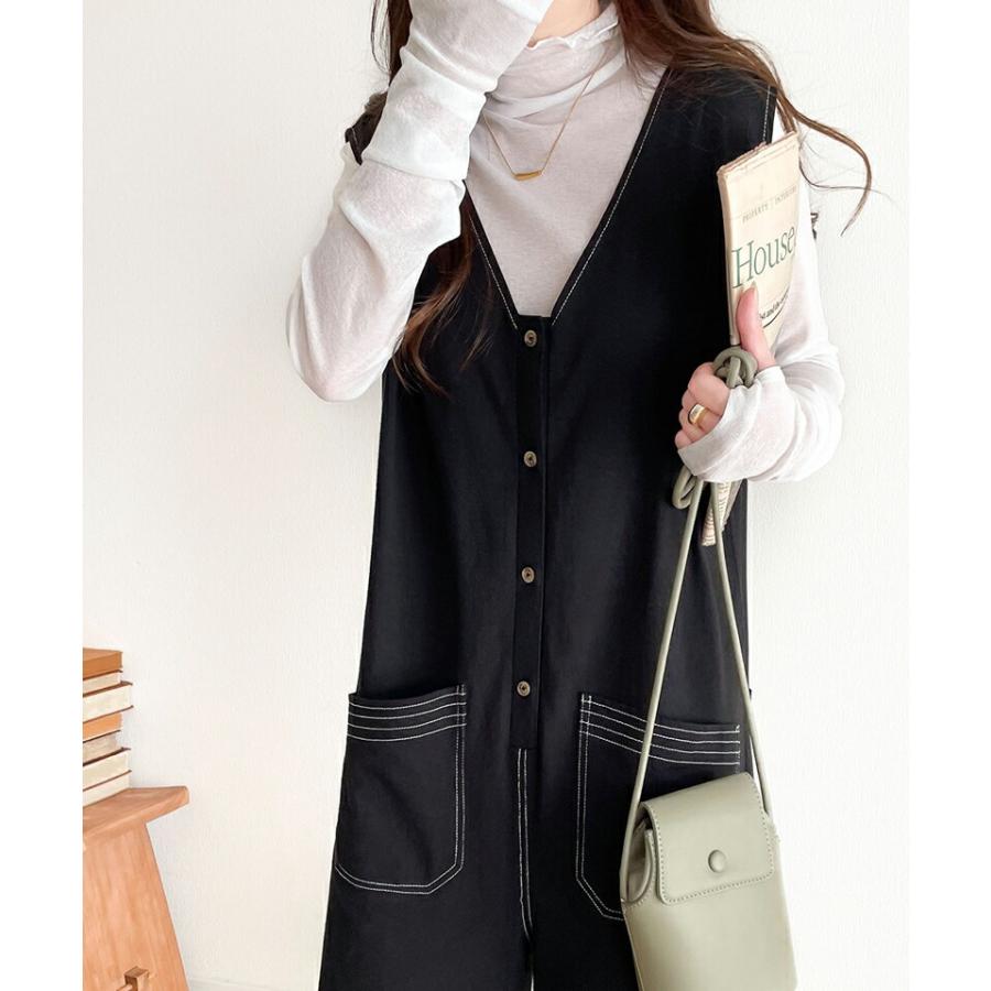 《javaジャバコラボ》 オールインワン レディース 空紡糸 綿100％ カットソー 配色 ステッチ Vネック ゆったり ワイドシルエット 体型カバー | classicalelf | 08