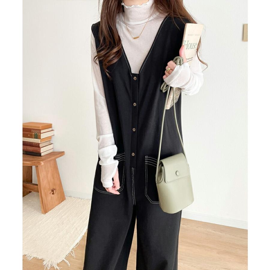 《javaジャバコラボ》 オールインワン レディース 空紡糸 綿100％ カットソー 配色 ステッチ Vネック ゆったり ワイドシルエット 体型カバー | classicalelf | 09