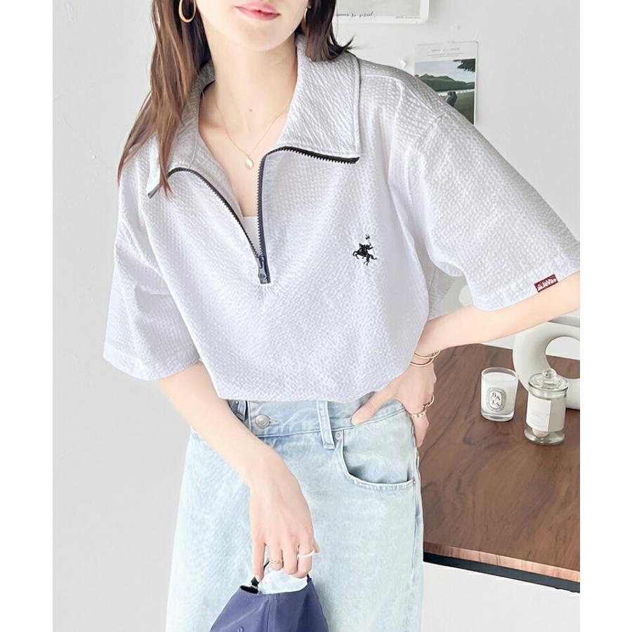 《javaジャバコラボ》 トップス Tシャツ レディース 胸 刺繍 ドライタッチ サッカー 素材 ハーフ ジップ ハイネック プルオーバー サイド スリット | classicalelf | 10