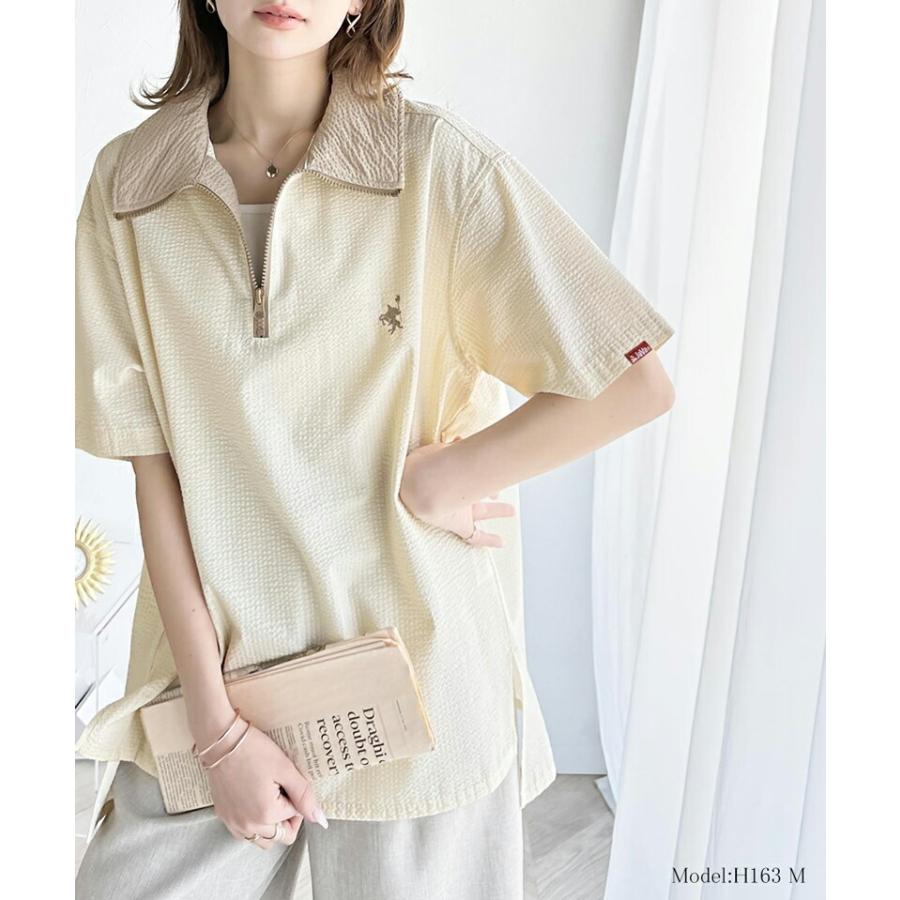 《javaジャバコラボ》 トップス Tシャツ レディース 胸 刺繍 ドライタッチ サッカー 素材 ハーフ ジップ ハイネック プルオーバー サイド スリット | classicalelf | 11