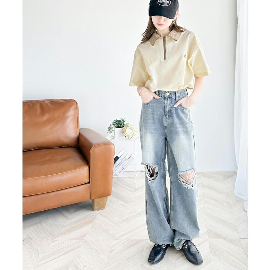 《javaジャバコラボ》 トップス Tシャツ レディース 胸 刺繍 ドライタッチ サッカー 素材 ハーフ ジップ ハイネック プルオーバー サイド スリット | classicalelf | 13