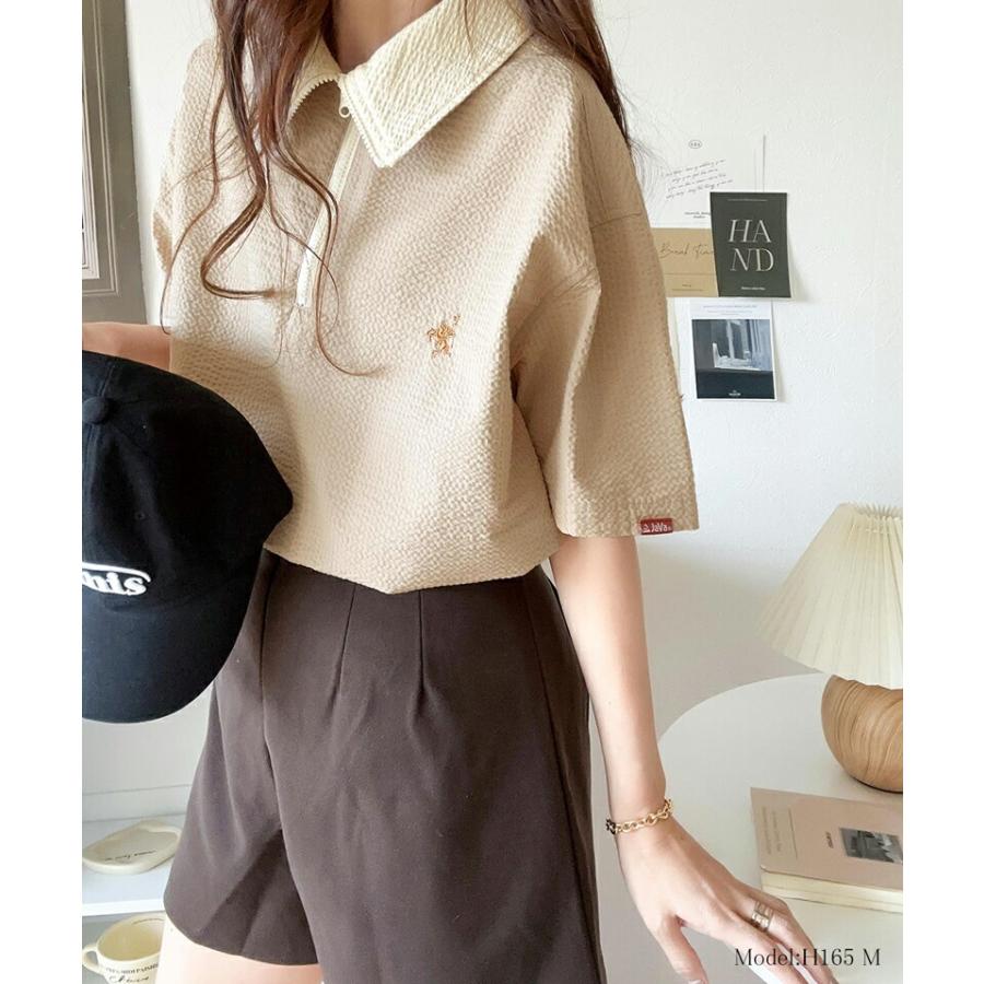 《javaジャバコラボ》 トップス Tシャツ レディース 胸 刺繍 ドライタッチ サッカー 素材 ハーフ ジップ ハイネック プルオーバー サイド スリット | classicalelf | 14