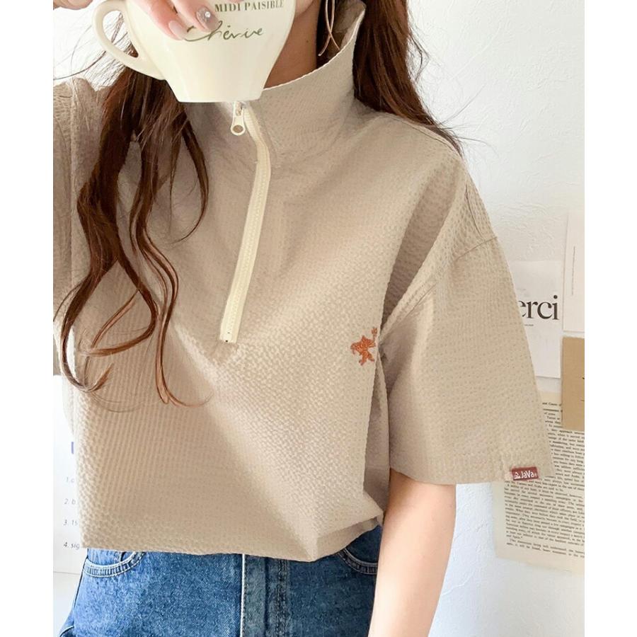 《javaジャバコラボ》 トップス Tシャツ レディース 胸 刺繍 ドライタッチ サッカー 素材 ハーフ ジップ ハイネック プルオーバー サイド スリット | classicalelf | 15