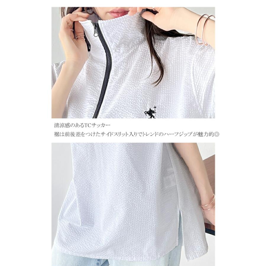 《javaジャバコラボ》 トップス Tシャツ レディース 胸 刺繍 ドライタッチ サッカー 素材 ハーフ ジップ ハイネック プルオーバー サイド スリット | classicalelf | 16