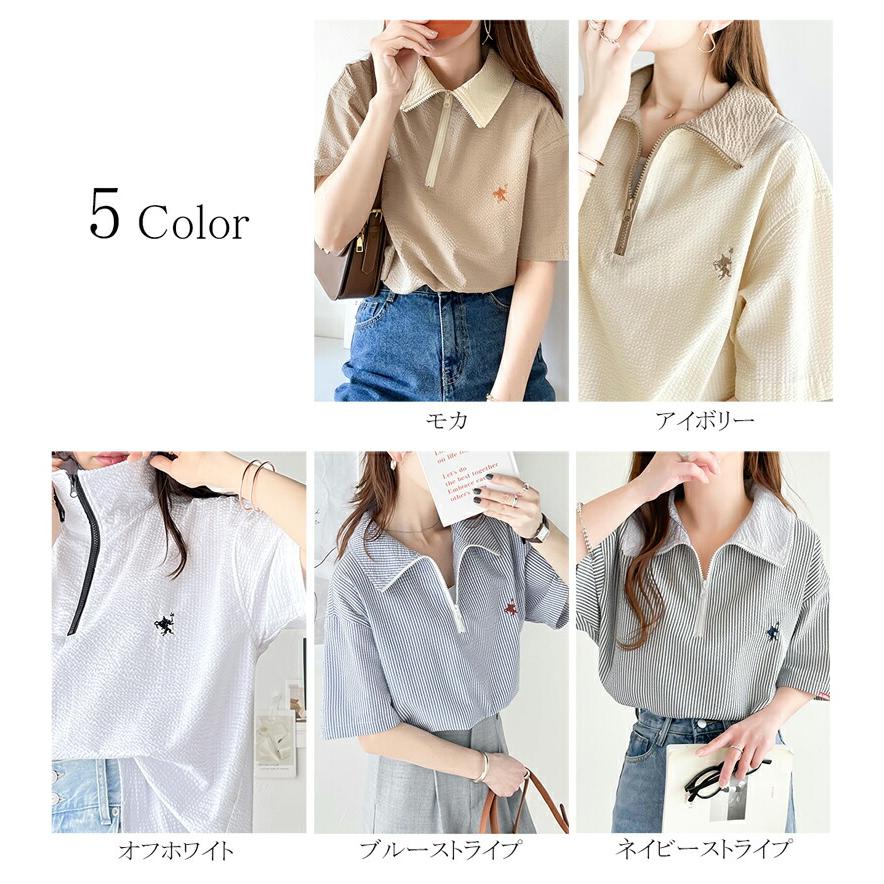 《javaジャバコラボ》 トップス Tシャツ レディース 胸 刺繍 ドライタッチ サッカー 素材 ハーフ ジップ ハイネック プルオーバー サイド スリット | classicalelf | 01