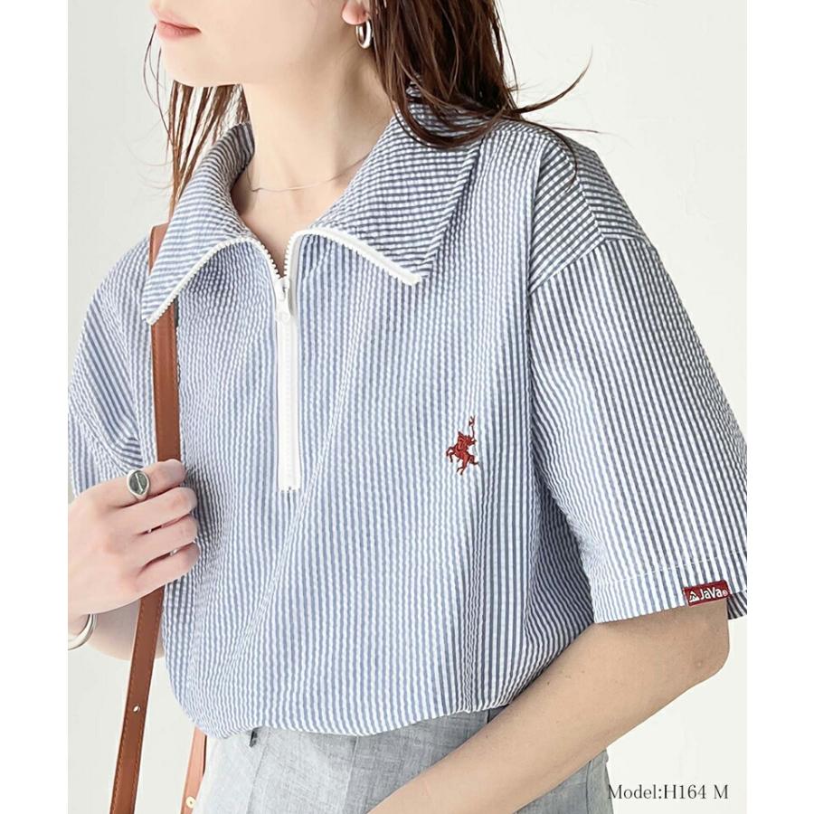 《javaジャバコラボ》 トップス Tシャツ レディース 胸 刺繍 ドライタッチ サッカー 素材 ハーフ ジップ ハイネック プルオーバー サイド スリット | classicalelf | 05