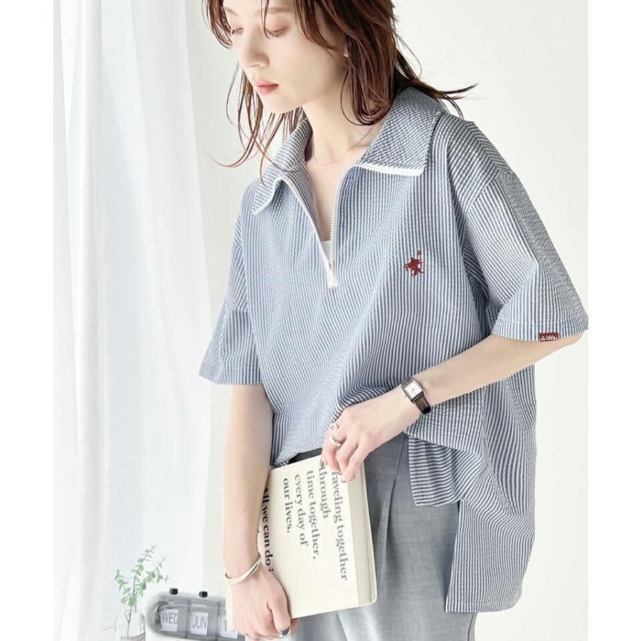 《javaジャバコラボ》 トップス Tシャツ レディース 胸 刺繍 ドライタッチ サッカー 素材 ハーフ ジップ ハイネック プルオーバー サイド スリット | classicalelf | 07