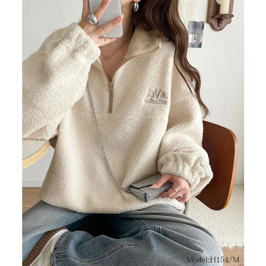 《java ジャバコラボ》スウェット レディース トップス アノラック ハーフジップ プルオーバー ボア素材 刺繍 トレンド あったか バイカラー配色 男女兼用可 | classicalelf | 02