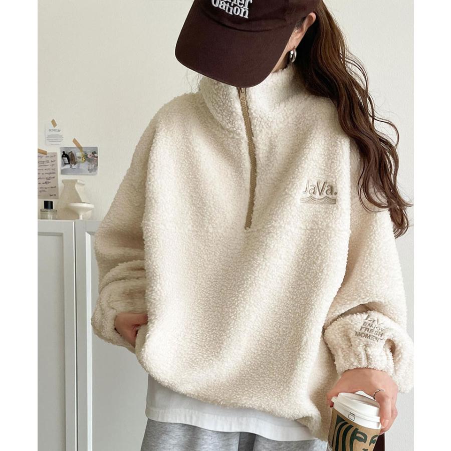 《java ジャバコラボ》スウェット レディース トップス アノラック ハーフジップ プルオーバー ボア素材 刺繍 トレンド あったか バイカラー配色 男女兼用可 | classicalelf | 03