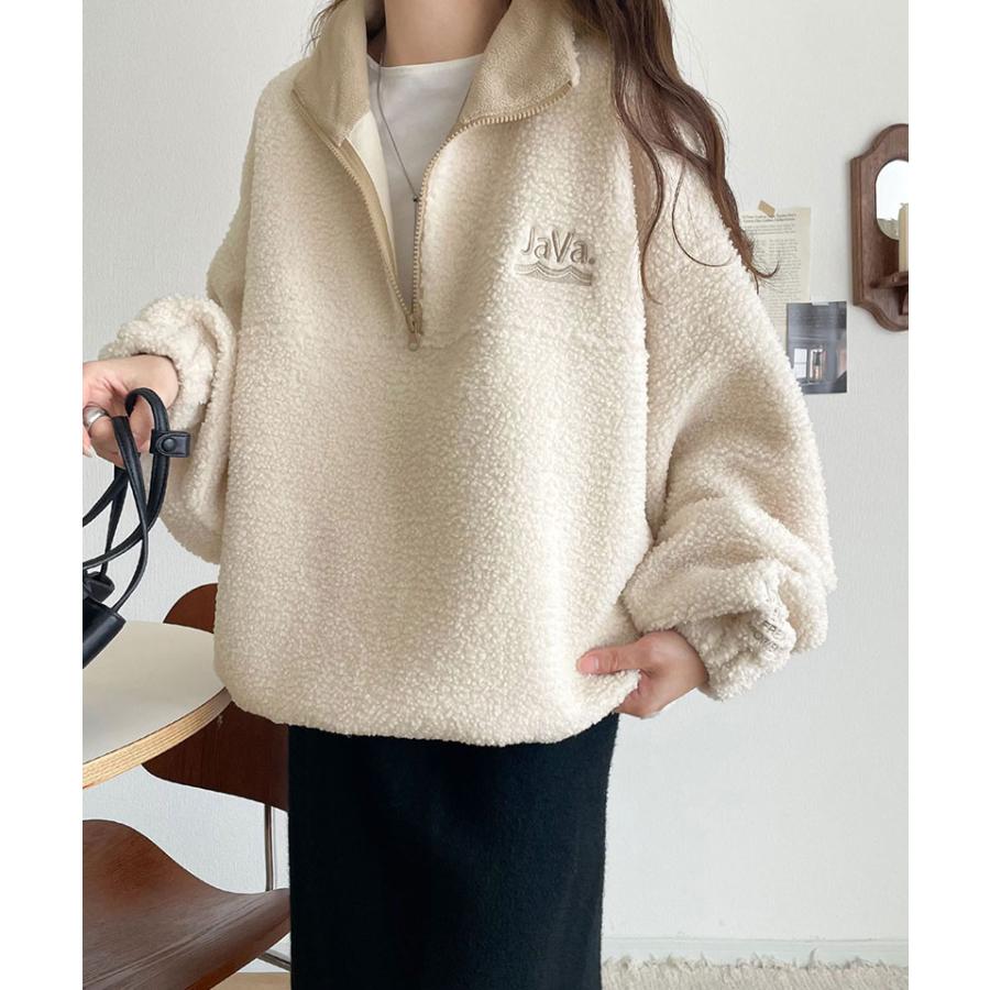 《java ジャバコラボ》スウェット レディース トップス アノラック ハーフジップ プルオーバー ボア素材 刺繍 トレンド あったか バイカラー配色 男女兼用可 | classicalelf | 05