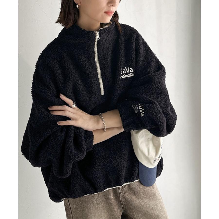 《java ジャバコラボ》スウェット レディース トップス アノラック ハーフジップ プルオーバー ボア素材 刺繍 トレンド あったか バイカラー配色 男女兼用可 | classicalelf | 08