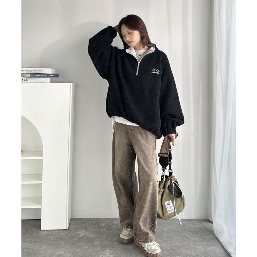 《java ジャバコラボ》スウェット レディース トップス アノラック ハーフジップ プルオーバー ボア素材 刺繍 トレンド あったか バイカラー配色 男女兼用可 | classicalelf | 09