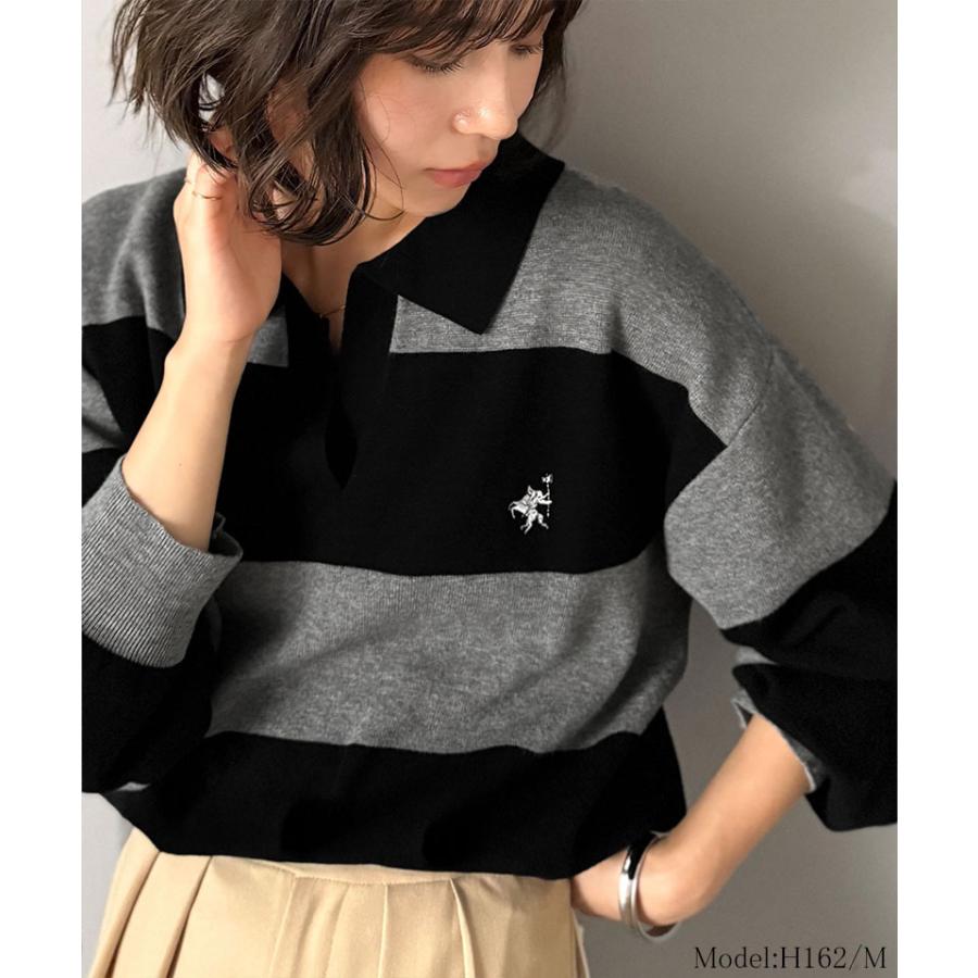 《java ジャバコラボ》 ニット レディース 長袖 トップス 胸 刺繍 ハーフ ミラノ スキッパーニット 太め ボーダー デイリー 着回し 大きいサイズ | classicalelf | 10