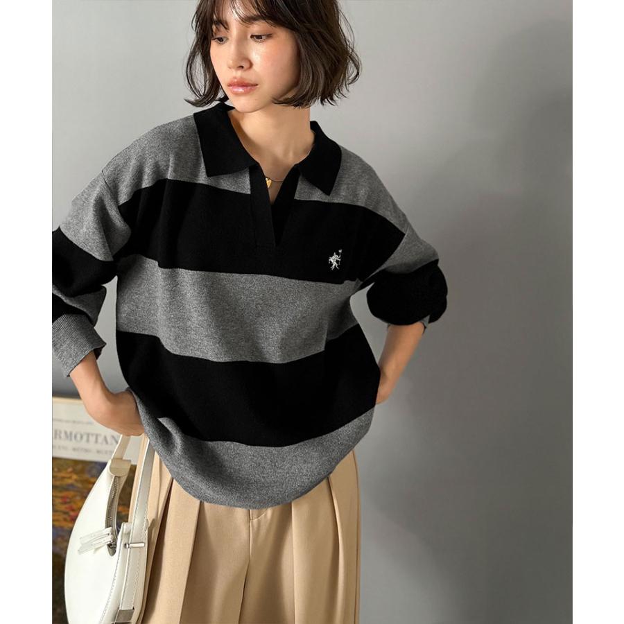 《java ジャバコラボ》 ニット レディース 長袖 トップス 胸 刺繍 ハーフ ミラノ スキッパーニット 太め ボーダー デイリー 着回し 大きいサイズ | classicalelf | 11