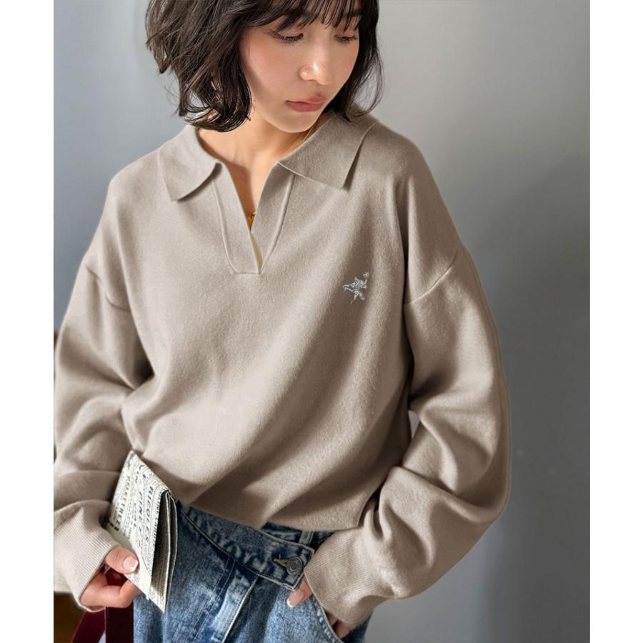 《java ジャバコラボ》 ニット レディース 長袖 トップス 胸 刺繍 ハーフ ミラノ スキッパーニット 太め ボーダー デイリー 着回し 大きいサイズ | classicalelf | 13