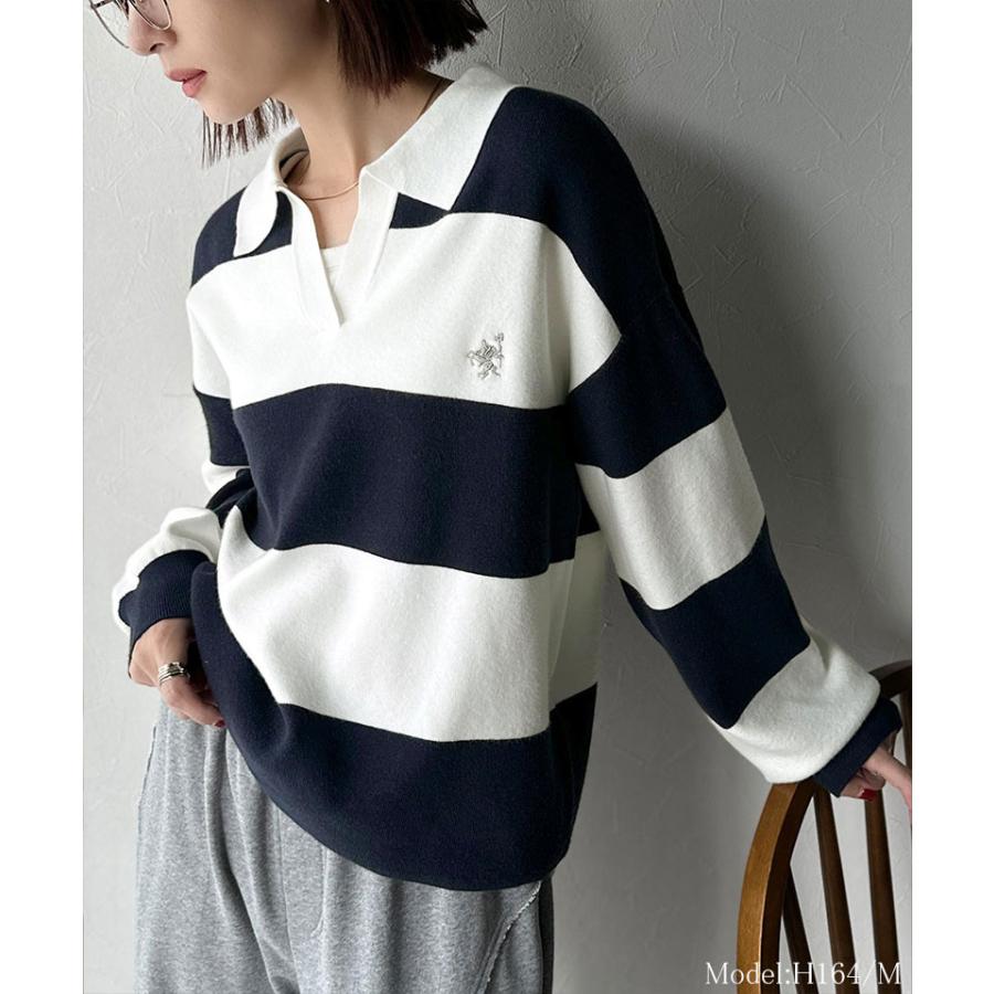 《java ジャバコラボ》 ニット レディース 長袖 トップス 胸 刺繍 ハーフ ミラノ スキッパーニット 太め ボーダー デイリー 着回し 大きいサイズ | classicalelf | 14