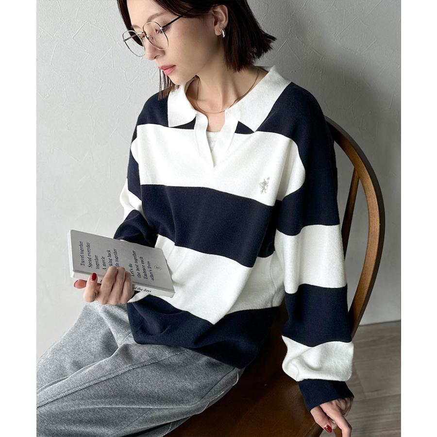 《java ジャバコラボ》 ニット レディース 長袖 トップス 胸 刺繍 ハーフ ミラノ スキッパーニット 太め ボーダー デイリー 着回し 大きいサイズ | classicalelf | 15