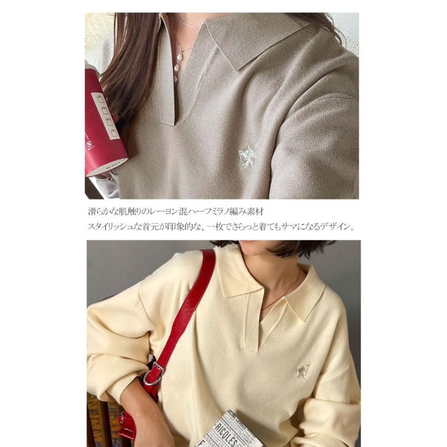 《java ジャバコラボ》 ニット レディース 長袖 トップス 胸 刺繍 ハーフ ミラノ スキッパーニット 太め ボーダー デイリー 着回し 大きいサイズ | classicalelf | 16