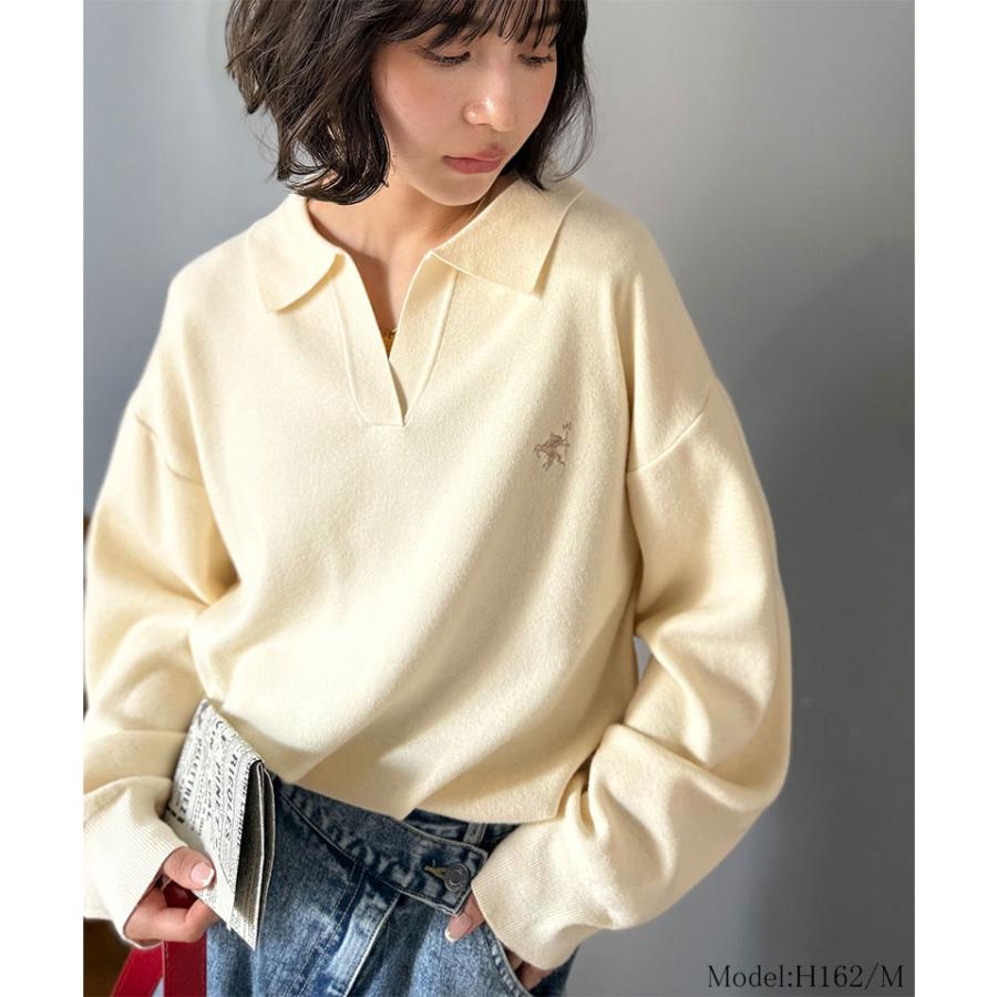 《java ジャバコラボ》 ニット レディース 長袖 トップス 胸 刺繍 ハーフ ミラノ スキッパーニット 太め ボーダー デイリー 着回し 大きいサイズ | classicalelf | 02