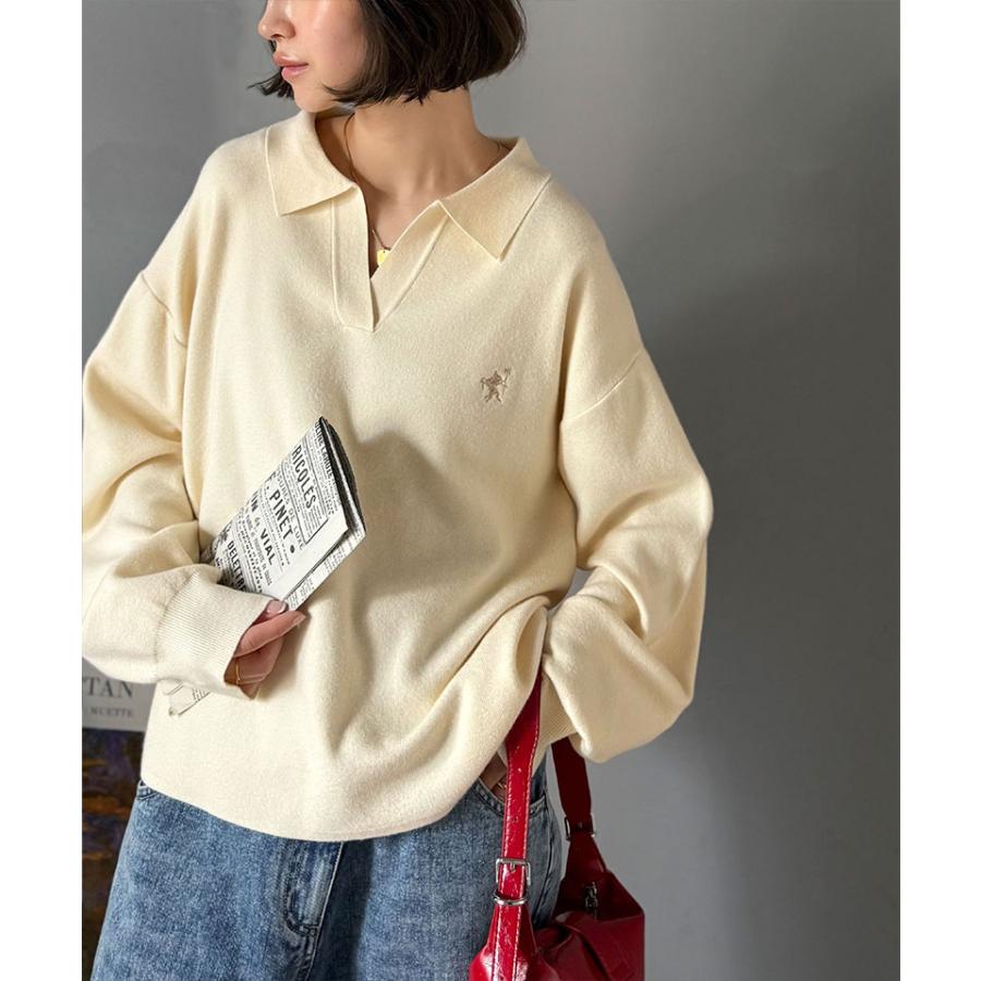 《java ジャバコラボ》 ニット レディース 長袖 トップス 胸 刺繍 ハーフ ミラノ スキッパーニット 太め ボーダー デイリー 着回し 大きいサイズ | classicalelf | 03