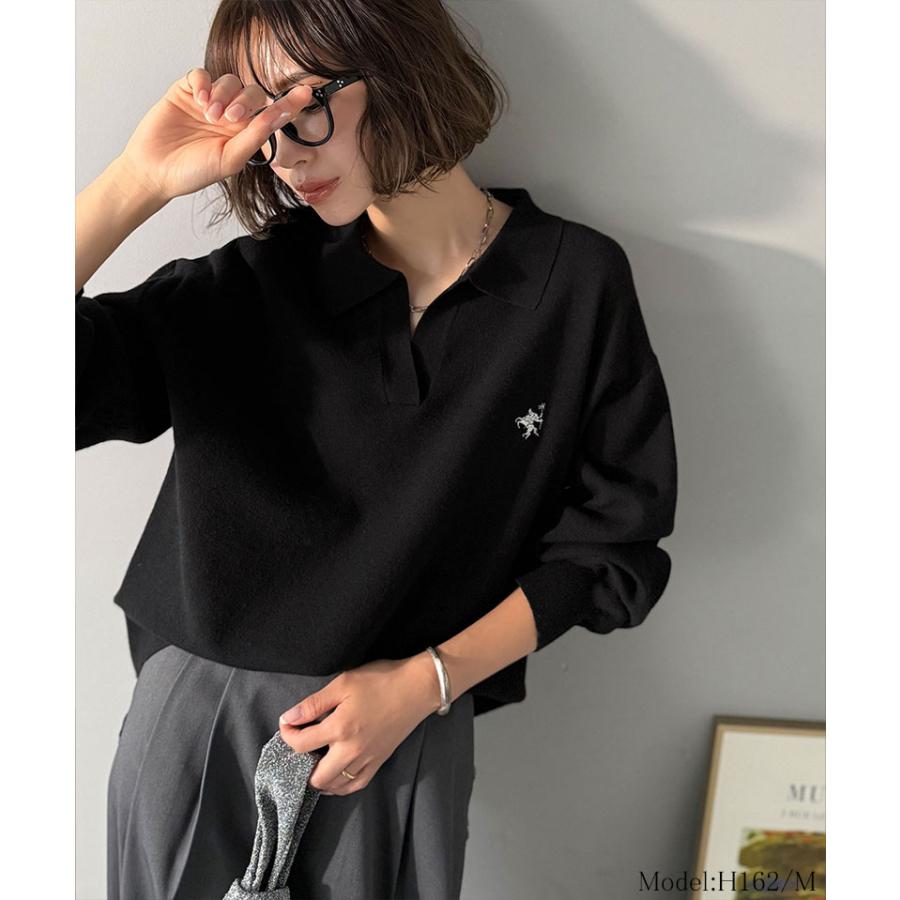 《java ジャバコラボ》 ニット レディース 長袖 トップス 胸 刺繍 ハーフ ミラノ スキッパーニット 太め ボーダー デイリー 着回し 大きいサイズ | classicalelf | 05