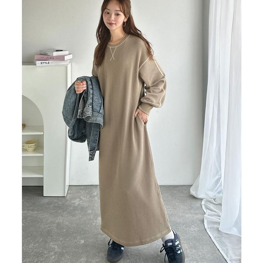 《java ジャバコラボ》ワンピース レディース 配色ステッチ ワッフル ロング 長袖 ゆったり 大人カジュアル ゆとり ラフ デイリー バックポケット | classicalelf | 10