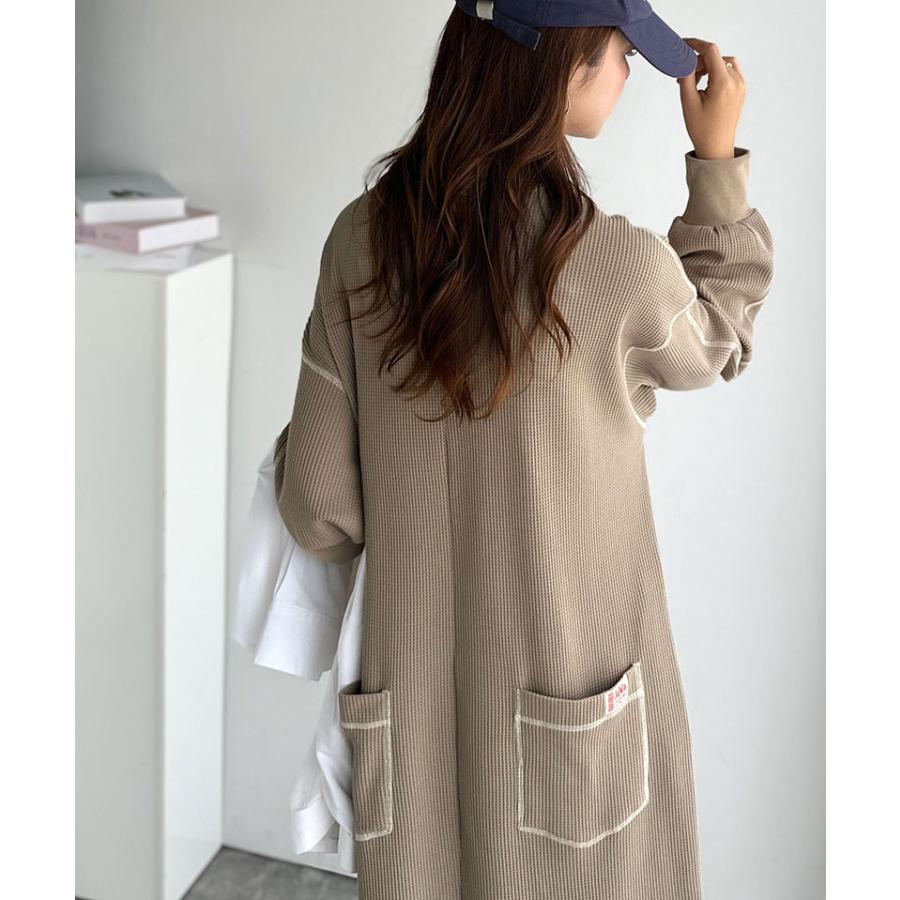 《java ジャバコラボ》ワンピース レディース 配色ステッチ ワッフル ロング 長袖 ゆったり 大人カジュアル ゆとり ラフ デイリー バックポケット | classicalelf | 11