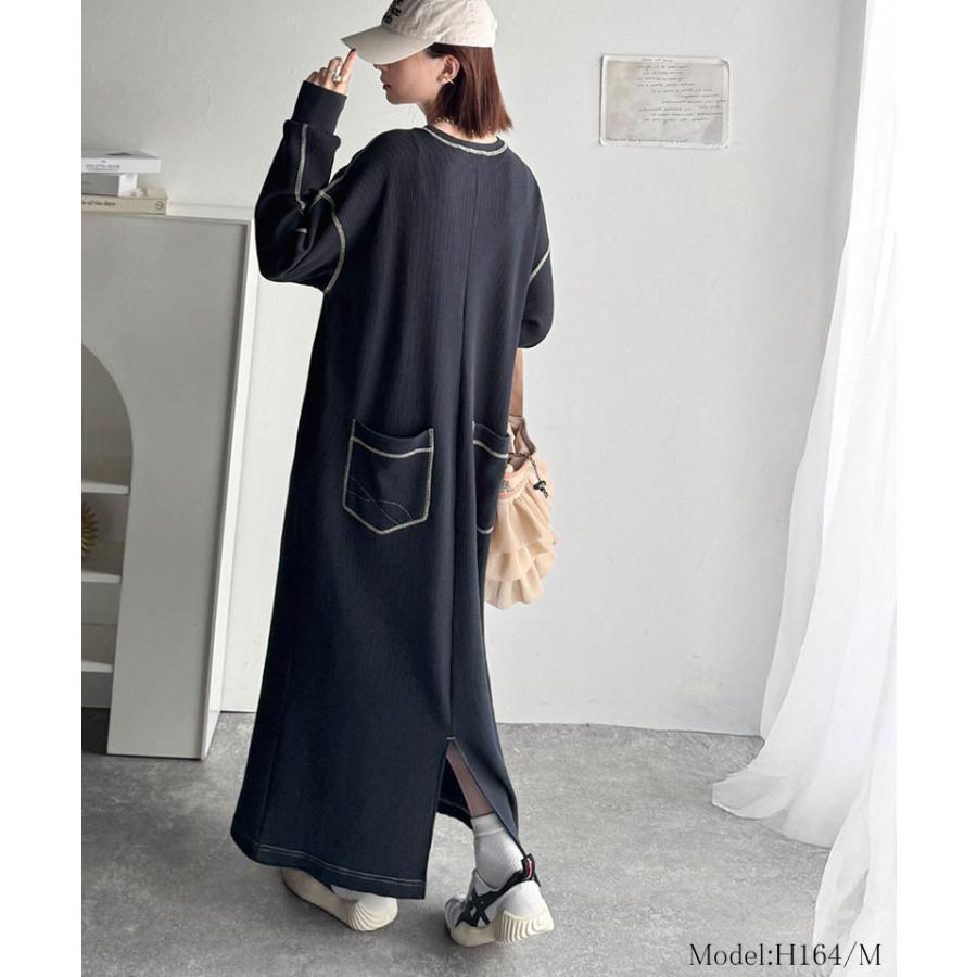 《java ジャバコラボ》ワンピース レディース 配色ステッチ ワッフル ロング 長袖 ゆったり 大人カジュアル ゆとり ラフ デイリー バックポケット | classicalelf | 12