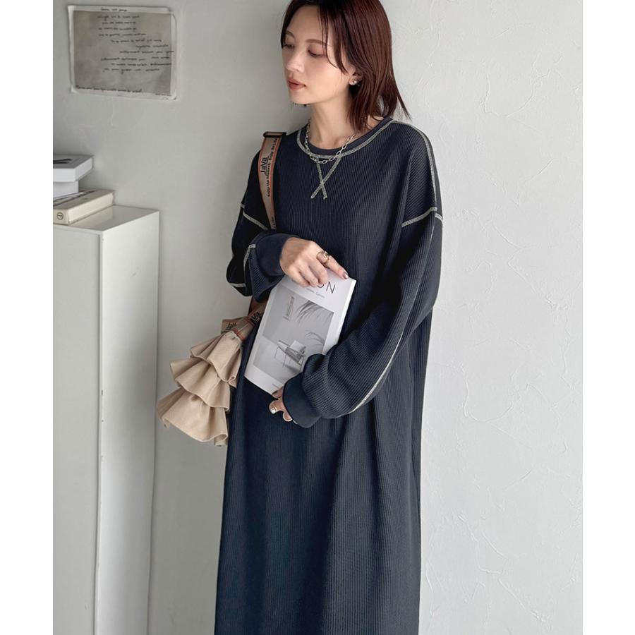 《java ジャバコラボ》ワンピース レディース 配色ステッチ ワッフル ロング 長袖 ゆったり 大人カジュアル ゆとり ラフ デイリー バックポケット | classicalelf | 13