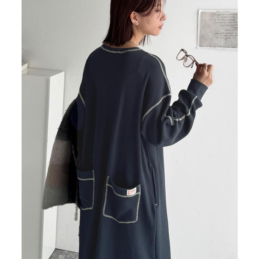 《java ジャバコラボ》ワンピース レディース 配色ステッチ ワッフル ロング 長袖 ゆったり 大人カジュアル ゆとり ラフ デイリー バックポケット | classicalelf | 14