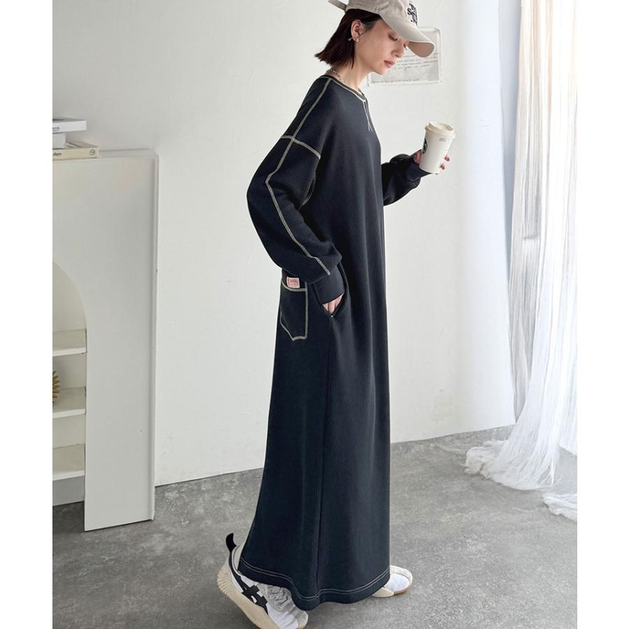《java ジャバコラボ》ワンピース レディース 配色ステッチ ワッフル ロング 長袖 ゆったり 大人カジュアル ゆとり ラフ デイリー バックポケット | classicalelf | 15