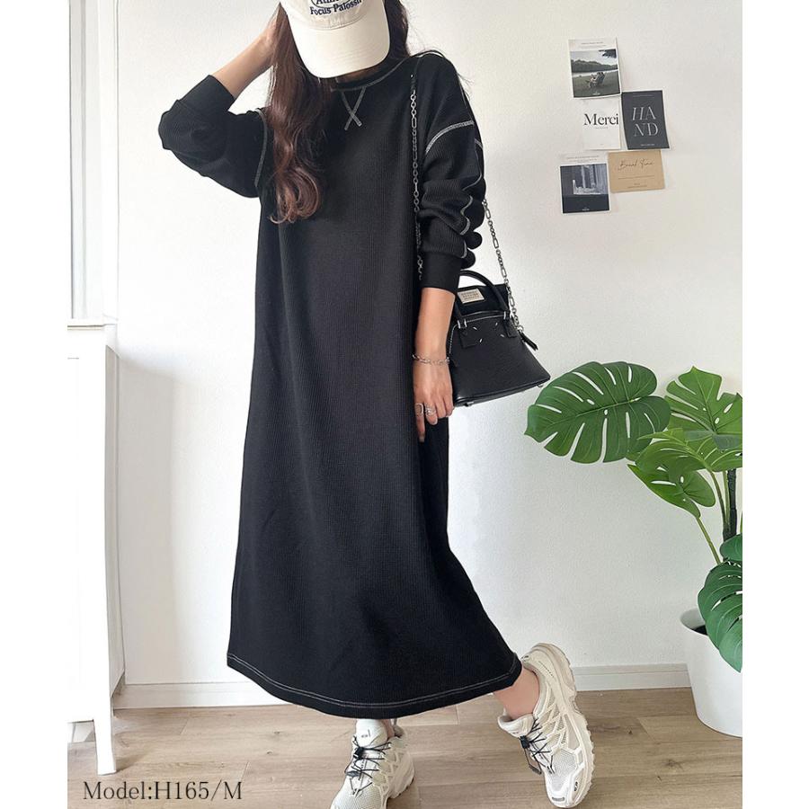 《java ジャバコラボ》ワンピース レディース 配色ステッチ ワッフル ロング 長袖 ゆったり 大人カジュアル ゆとり ラフ デイリー バックポケット | classicalelf | 02