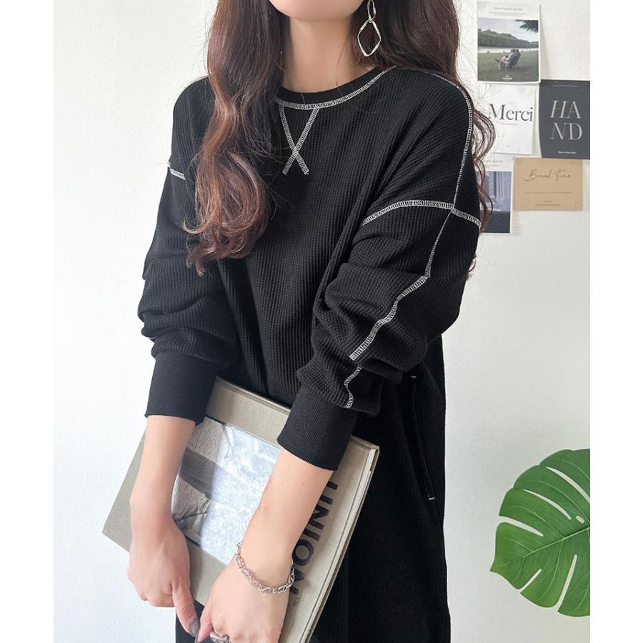 《java ジャバコラボ》ワンピース レディース 配色ステッチ ワッフル ロング 長袖 ゆったり 大人カジュアル ゆとり ラフ デイリー バックポケット | classicalelf | 04