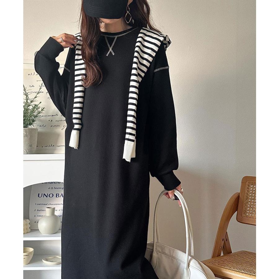 《java ジャバコラボ》ワンピース レディース 配色ステッチ ワッフル ロング 長袖 ゆったり 大人カジュアル ゆとり ラフ デイリー バックポケット | classicalelf | 05