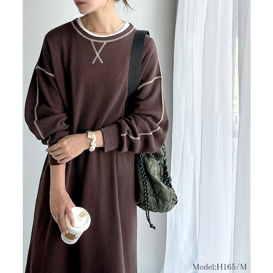《java ジャバコラボ》ワンピース レディース 配色ステッチ ワッフル ロング 長袖 ゆったり 大人カジュアル ゆとり ラフ デイリー バックポケット | classicalelf | 06