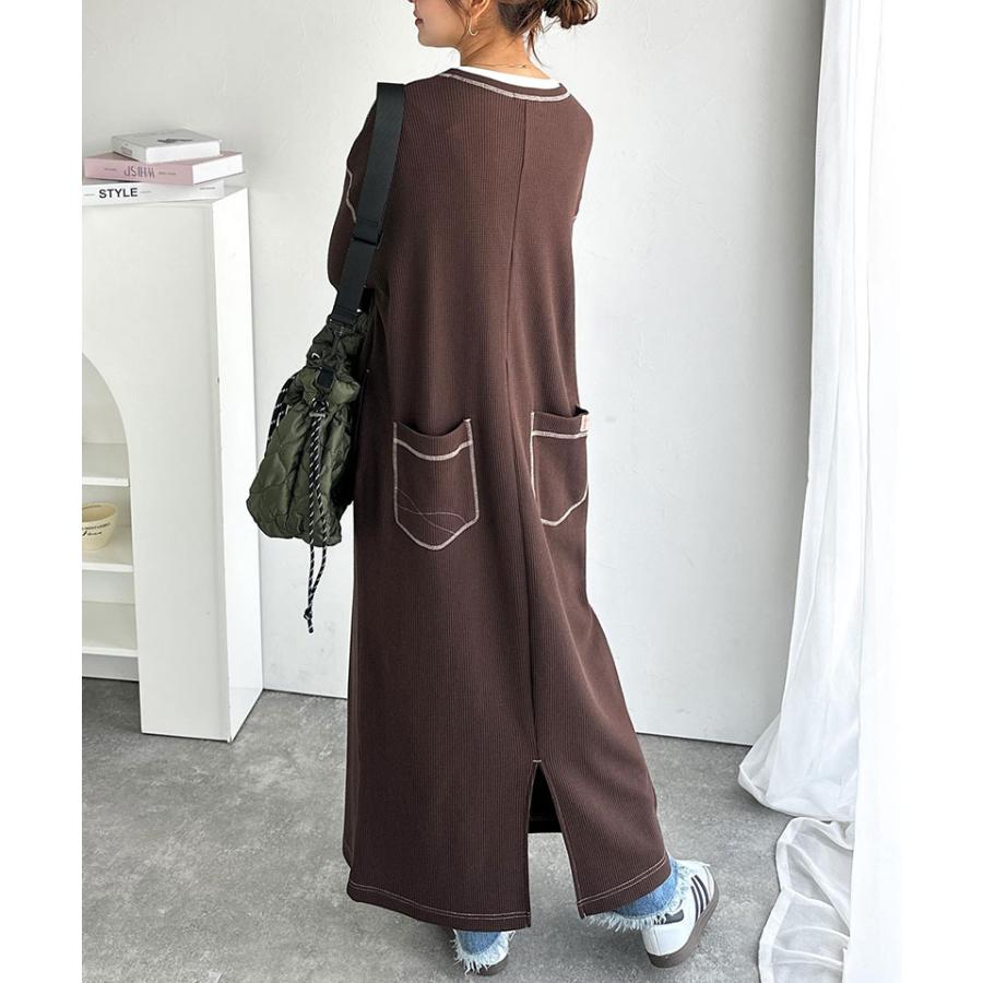 《java ジャバコラボ》ワンピース レディース 配色ステッチ ワッフル ロング 長袖 ゆったり 大人カジュアル ゆとり ラフ デイリー バックポケット | classicalelf | 07