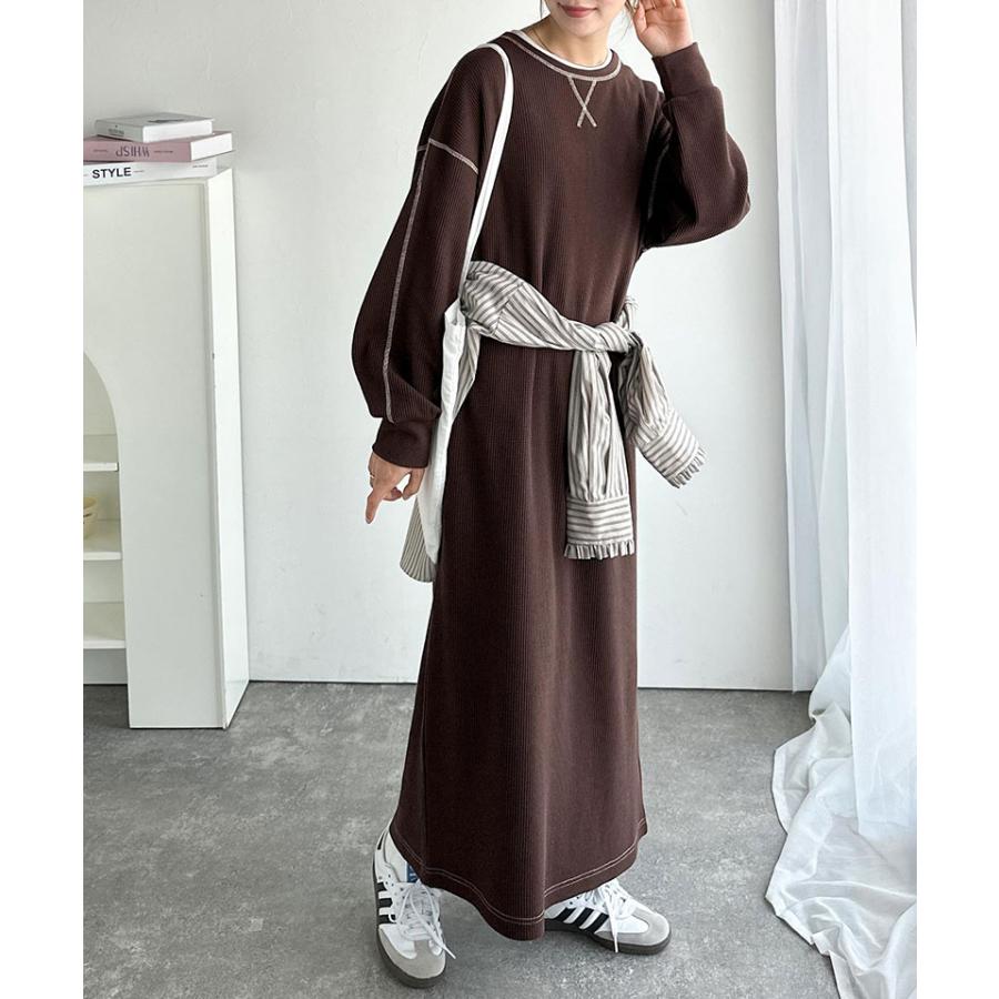 《java ジャバコラボ》ワンピース レディース 配色ステッチ ワッフル ロング 長袖 ゆったり 大人カジュアル ゆとり ラフ デイリー バックポケット | classicalelf | 08