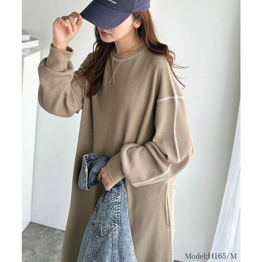 《java ジャバコラボ》ワンピース レディース 配色ステッチ ワッフル ロング 長袖 ゆったり 大人カジュアル ゆとり ラフ デイリー バックポケット | classicalelf | 09