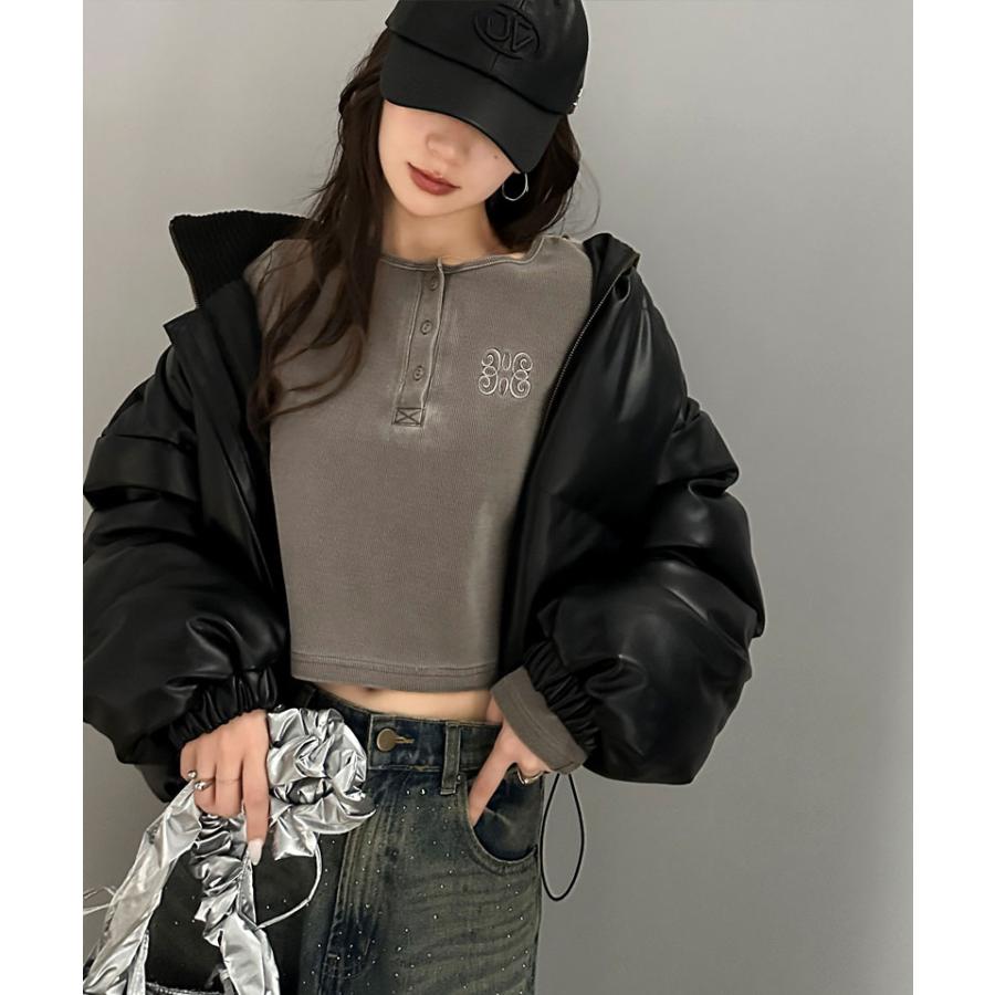 【mily bilet】 トップス リブカットソー レディース リブ ヘンリーネック ロゴ刺繍 ロンT ショート丈 短丈 サムホール ピグメント テレコリブ | classicalelf | 10