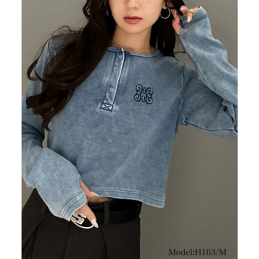 【mily bilet】 トップス リブカットソー レディース リブ ヘンリーネック ロゴ刺繍 ロンT ショート丈 短丈 サムホール ピグメント テレコリブ | classicalelf | 12