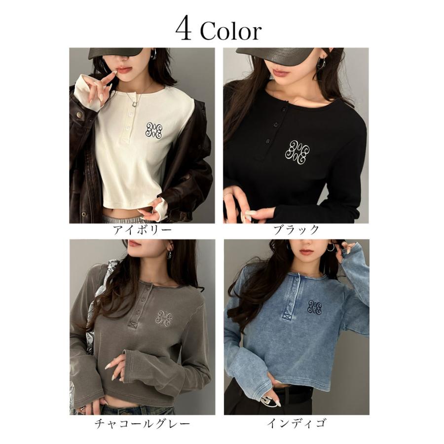 【mily bilet】 トップス リブカットソー レディース リブ ヘンリーネック ロゴ刺繍 ロンT ショート丈 短丈 サムホール ピグメント テレコリブ | classicalelf | 02